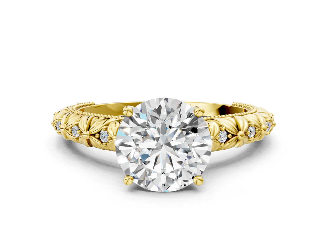 Yellow gold Round Solitaire Floral Milgrain Engagement Ring_34