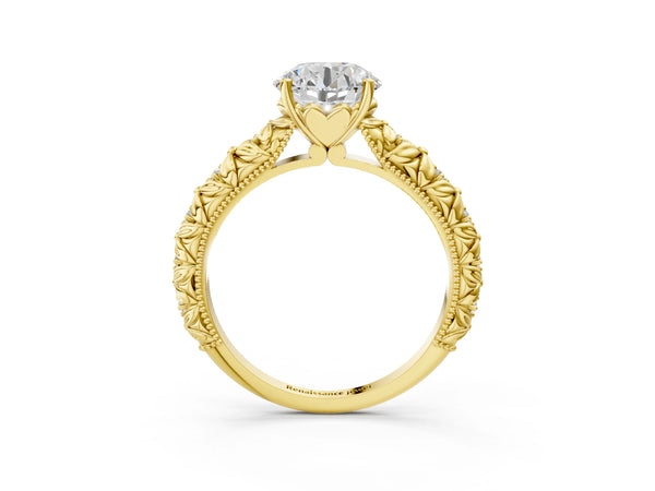 Yellow gold Round Solitaire Floral Milgrain Engagement Ring
