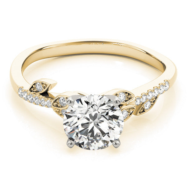 Yellow gold Round Solitaire Leaf-Inspired Diamond Ring with Pavé Band and Four-Prong Setting 1