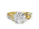 Yellow gold Round Solitaire Leaf-Inspired Diamond Ring with Pavé Band and Four-Prong Setting_32