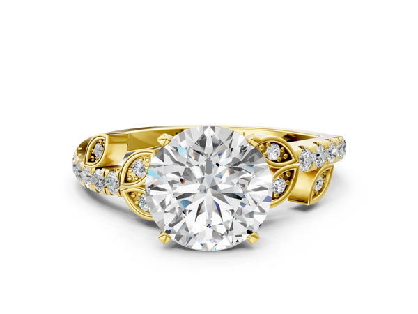 Yellow gold Round Solitaire Leaf-Inspired Diamond Ring with Pavé Band and Four-Prong Setting