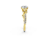 Yellow gold Round Solitaire Leaf-Inspired Diamond Ring with Pavé Band and Four-Prong Setting_34