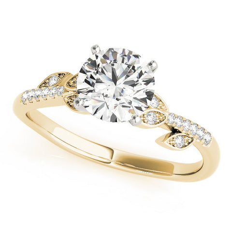Yellow gold Round Solitaire Leaf-Inspired Diamond Ring with Pavé Band and Four-Prong Setting