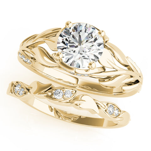 Yellow gold Round Solitaire Leaf-Inspired Engagement Ring with Prong Setting 1