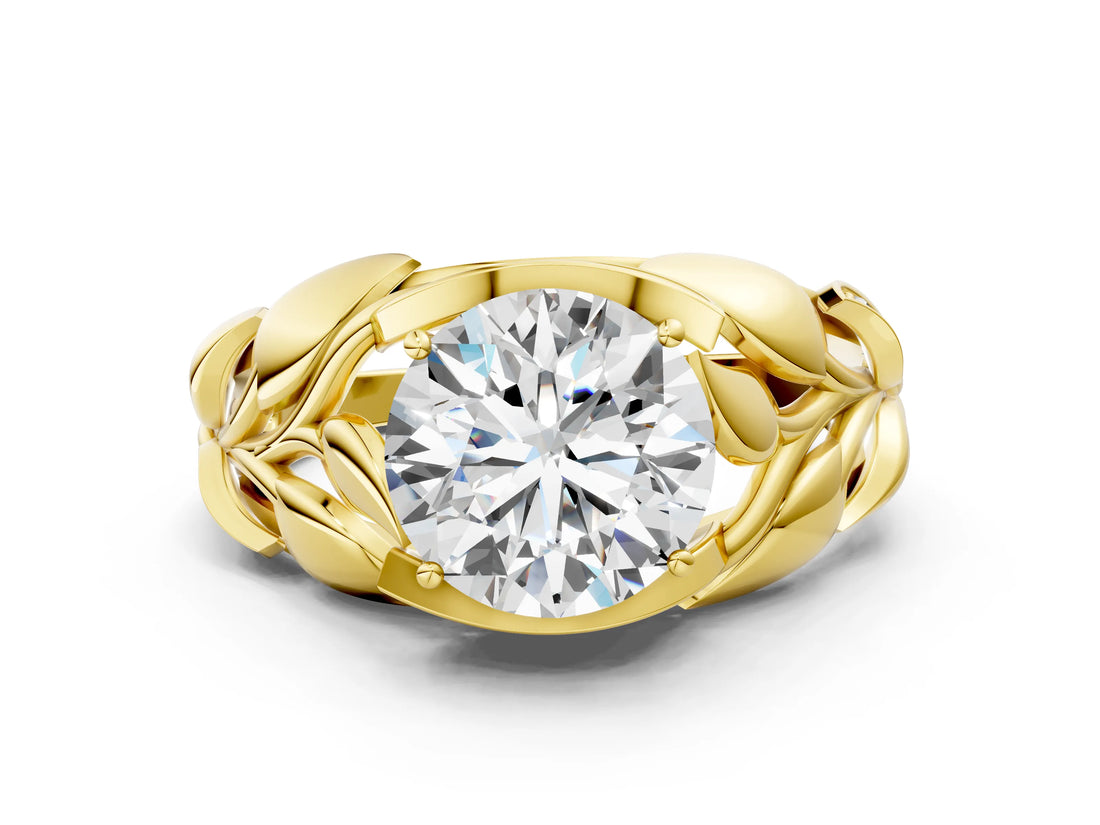 Yellow gold Round Solitaire Leaf-Inspired Engagement Ring with Prong Setting_15