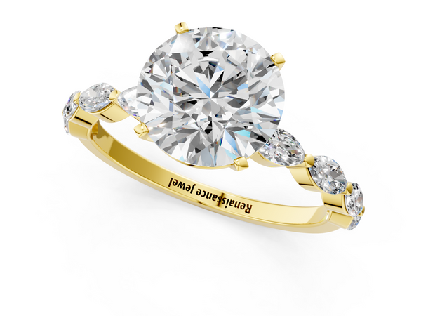 Yellow Gold Round Engagement Ring Setting with Marquise Side Stones Along the Band