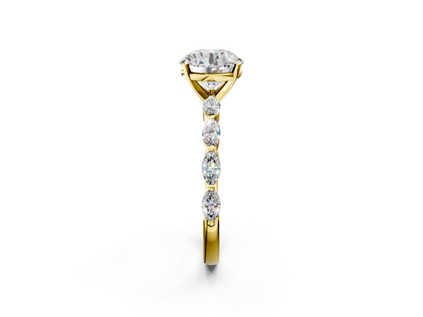 Yellow Gold Round Engagement Ring Setting with Marquise Side Stones Along the Band