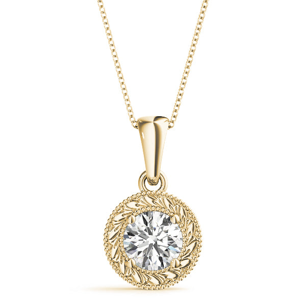 Yellow gold Round Solitaire Milgrain Bezel Pendant