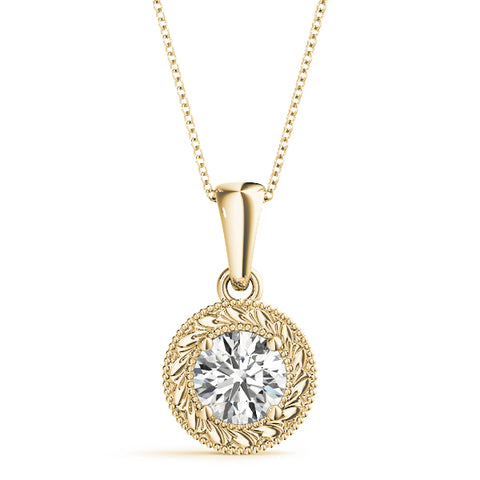 Yellow gold Round Solitaire Milgrain Bezel Pendant
