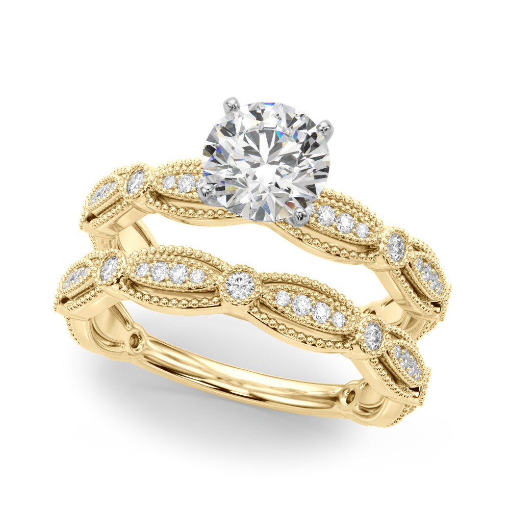 Yellow gold Round Solitaire Milgrain Diamond Engagement Ring with Bezel and Marquise Band 1