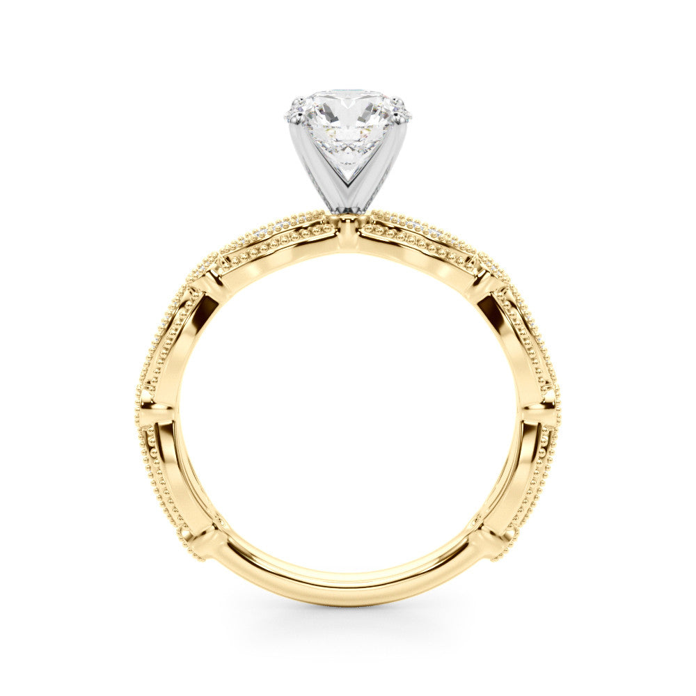 Yellow gold Round Solitaire Milgrain Diamond Engagement Ring with Bezel and Marquise Band 2