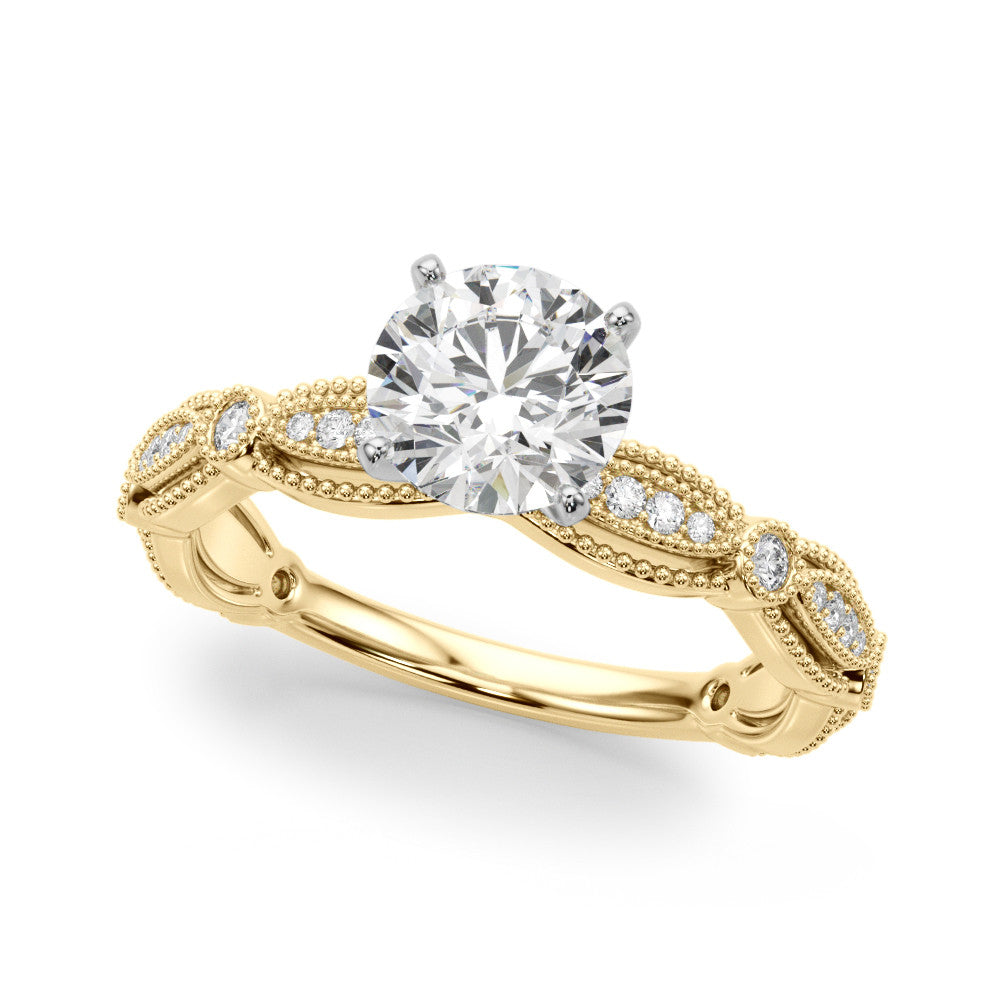 Yellow gold Round Solitaire Milgrain Diamond Engagement Ring with Bezel and Marquise Band
