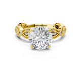 Yellow gold Round Solitaire Milgrain Diamond Engagement Ring with Bezel and Marquise Band_119
