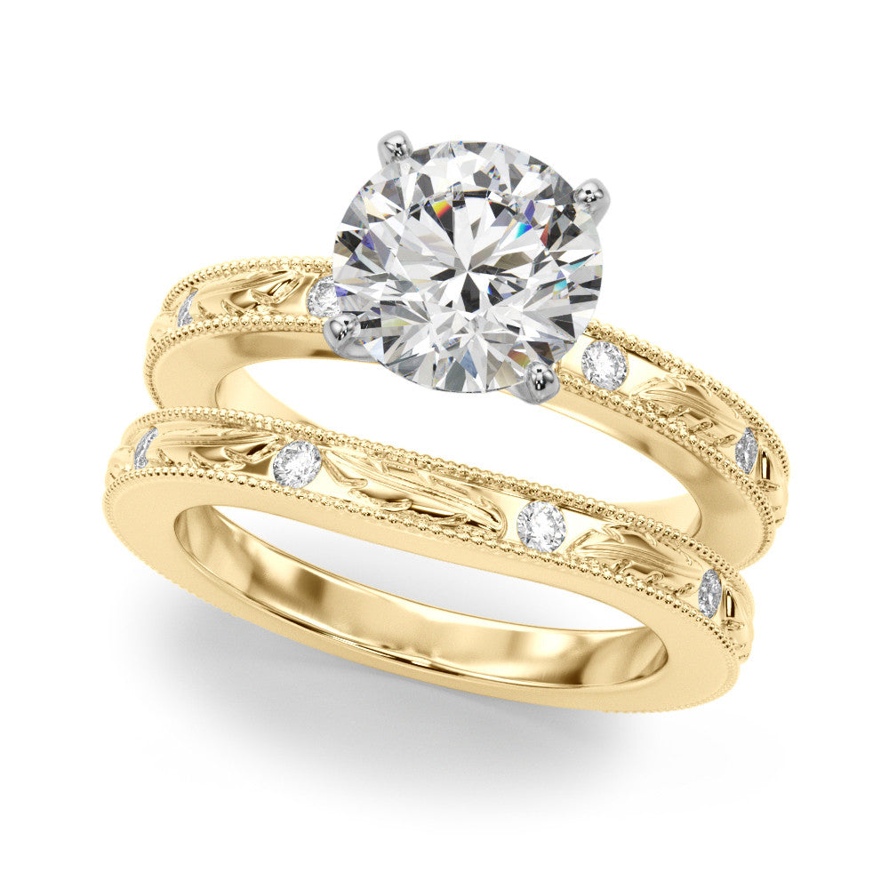 Yellow gold Round Solitaire Milgrain Engagement Ring with Filigree Band and Four-Prong Setting 1