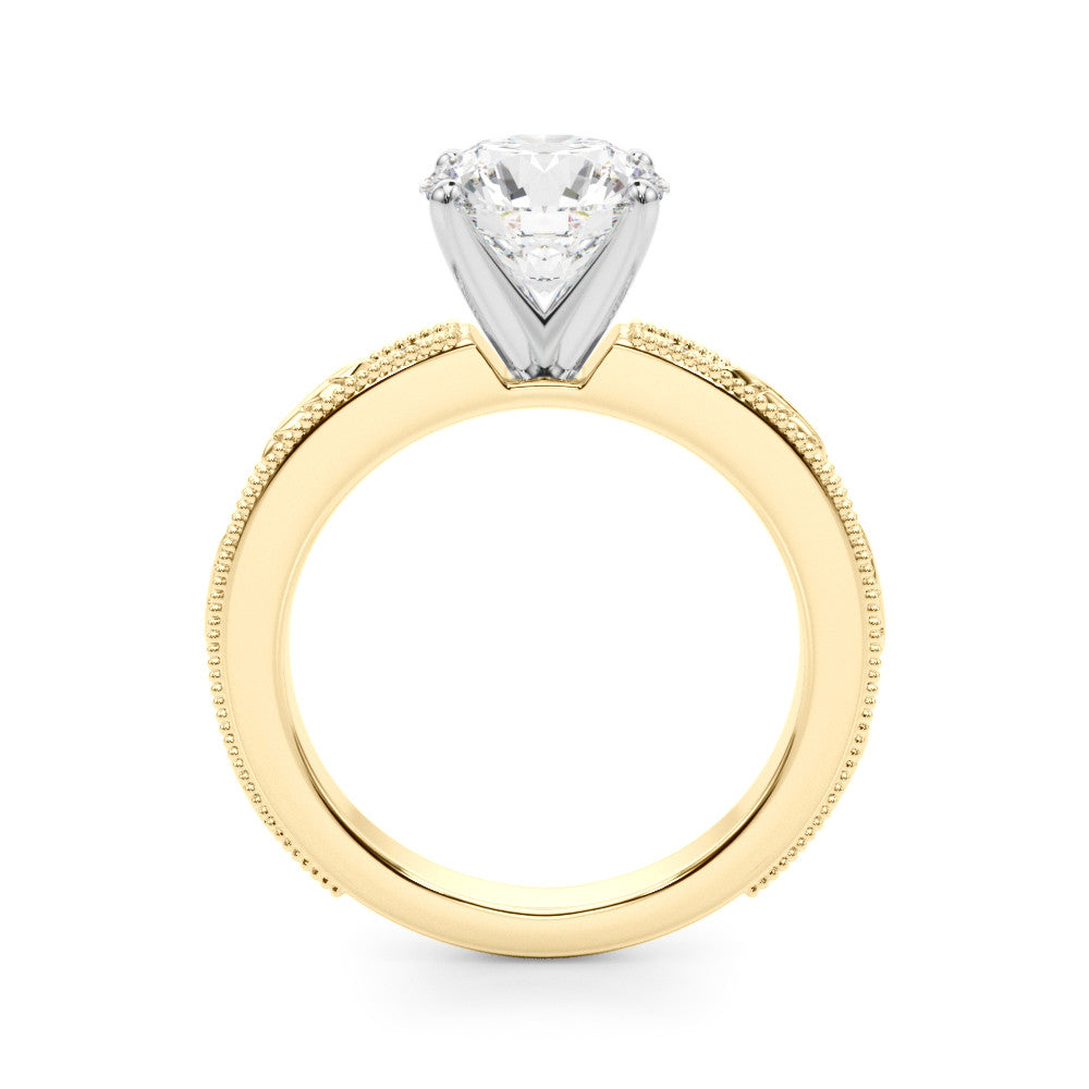 Yellow gold Round Solitaire Milgrain Engagement Ring with Filigree Band and Four-Prong Setting 2