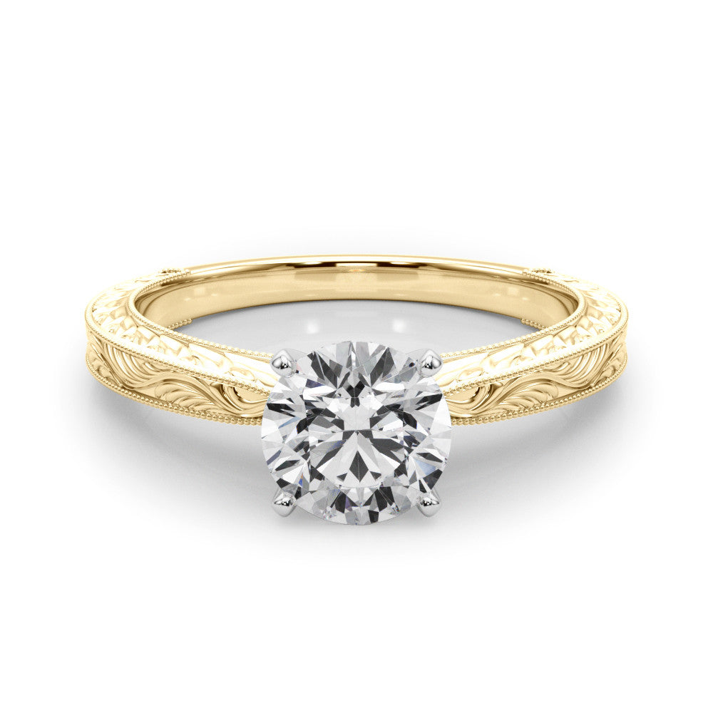 Yellow gold Round Solitaire Milgrain Engraved Band with Four-Prong Setting 1