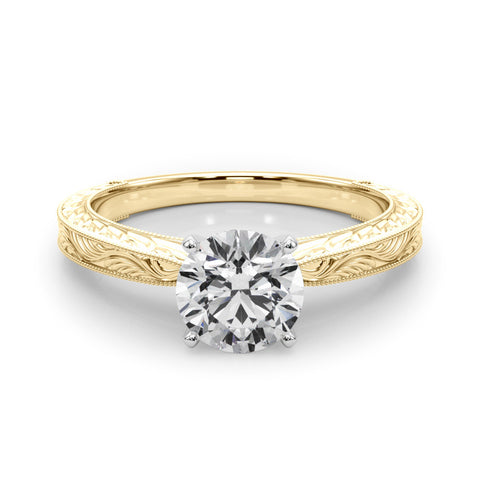 Yellow gold Round Solitaire Milgrain Engraved Band with Four-Prong Setting 1