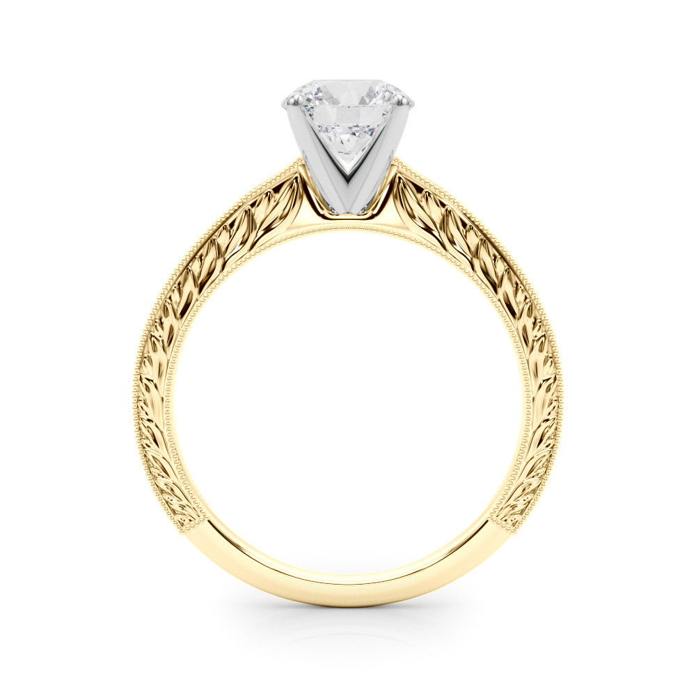 Yellow gold Round Solitaire Milgrain Engraved Band with Four-Prong Setting 2