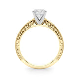 Yellow gold Round Solitaire Milgrain Engraved Band with Four-Prong Setting 2