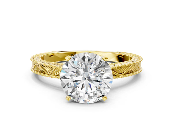 Yellow Gold Round Vintage Solitaire Engagement Ring Setting with Milgrain Engraved Band