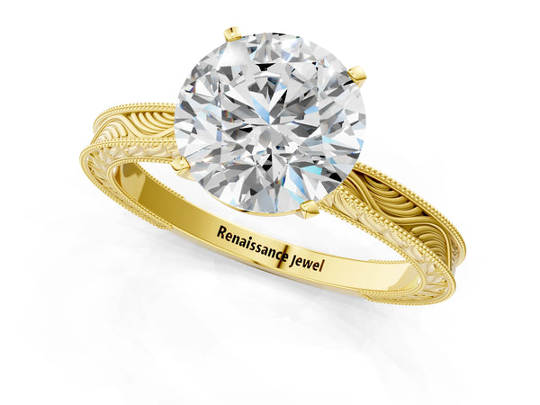 Yellow Gold Round Vintage Solitaire Engagement Ring Setting with Milgrain Engraved Band