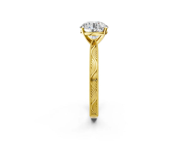 Yellow Gold Round Vintage Solitaire Engagement Ring Setting with Milgrain Engraved Band