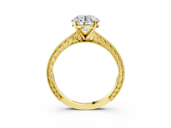 Yellow Gold Round Vintage Solitaire Engagement Ring Setting with Milgrain Engraved Band