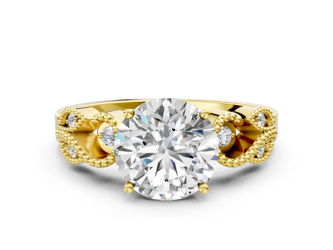 Yellow gold Round Solitaire Milgrain Leaf Band with Prong Setting_4