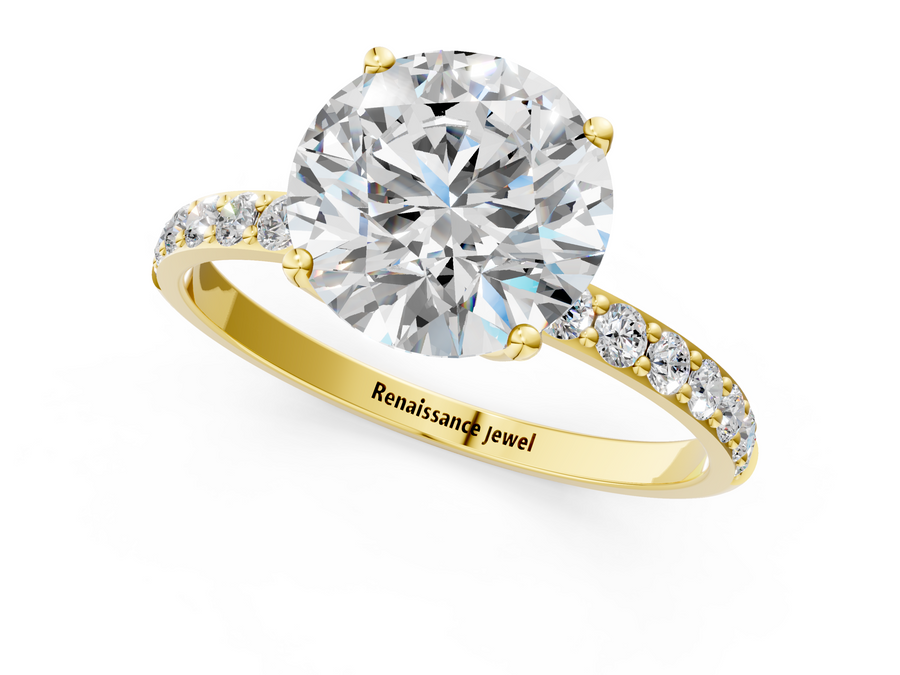 Yellow gold Round Solitaire Pavé Diamond Engagement Ring with Four-Prong Setting