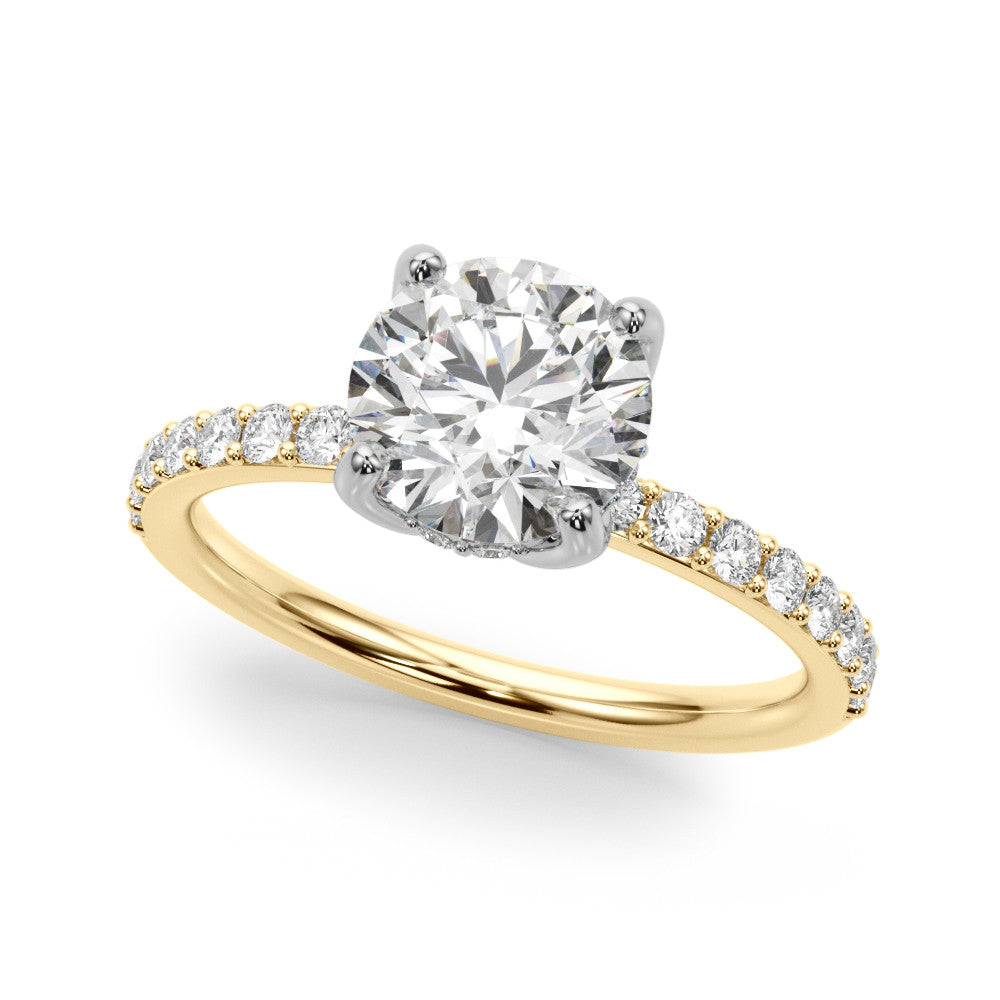 10K Yellow Gold 3.05 Carat E VVS2 Round Solitaire Pavé Diamond Engagement Ring with Four-Prong Setting