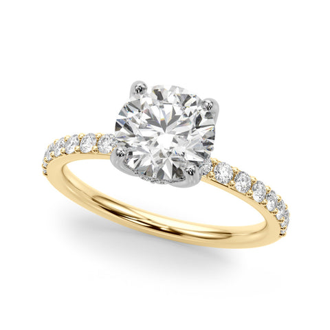 Yellow gold Round Solitaire Pavé Diamond Engagement Ring with Four-Prong Setting