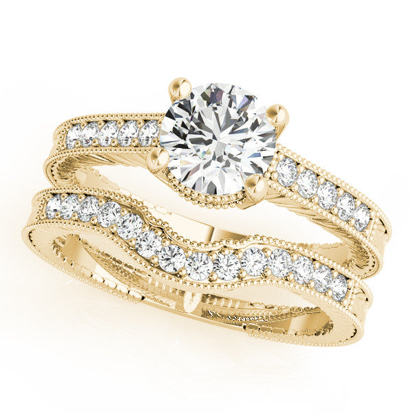 Yellow gold Round Solitaire Pavé Diamond Milgrain Engagement Ring with Four-Prong Setting 1