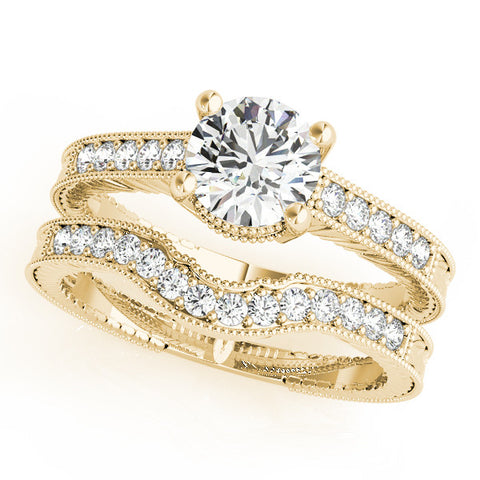 Yellow gold Round Solitaire Pavé Diamond Milgrain Engagement Ring with Four-Prong Setting 1