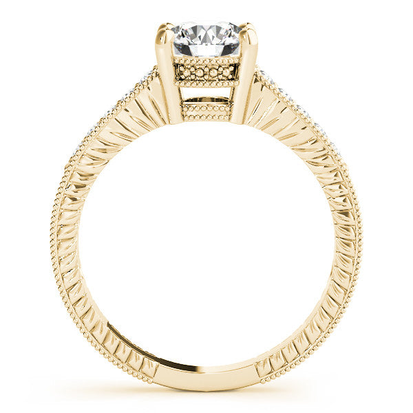 Yellow gold Round Solitaire Pavé Diamond Milgrain Engagement Ring with Four-Prong Setting 2