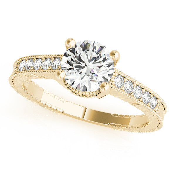 Yellow gold Round Solitaire Pavé Diamond Milgrain Engagement Ring with Four-Prong Setting