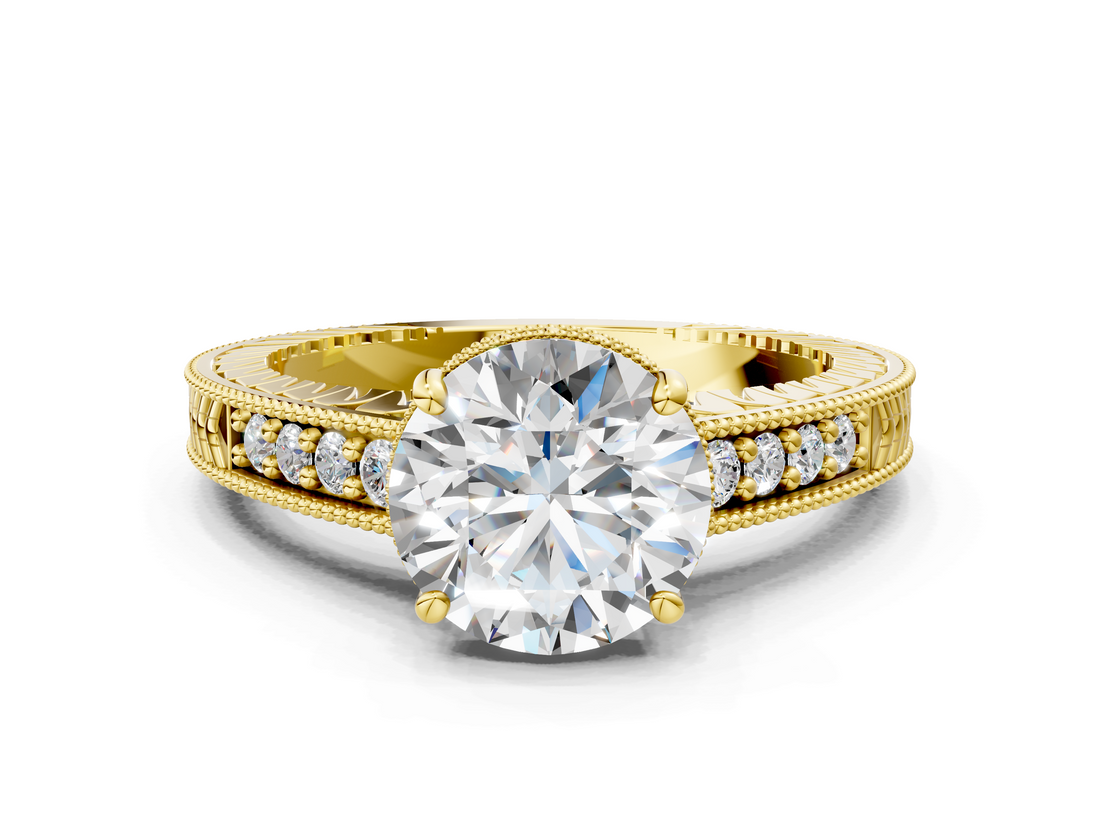 Yellow gold Round Solitaire Pavé Diamond Milgrain Engagement Ring with Four-Prong Setting_6