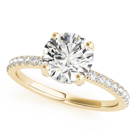Yellow gold Round Solitaire Pave Diamond Engagement Ring with Four-Prong Setting