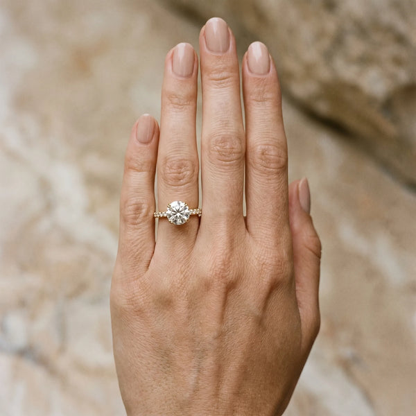 Yellow gold Round Solitaire Pave Diamond Engagement Ring with Prong Setting