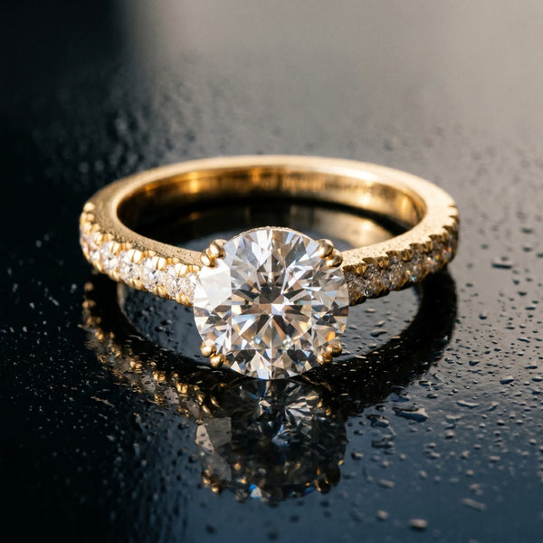 Yellow gold Round Solitaire Pave Diamond Engagement Ring with Prong Setting