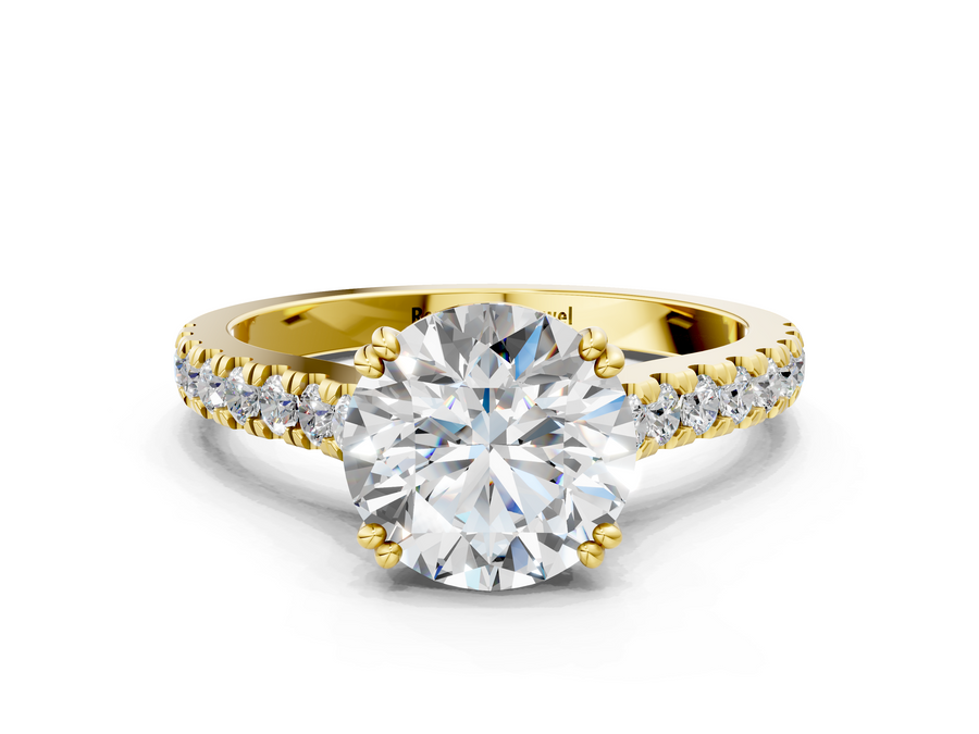 Yellow gold Round Solitaire Pave Diamond Engagement Ring with Prong Setting