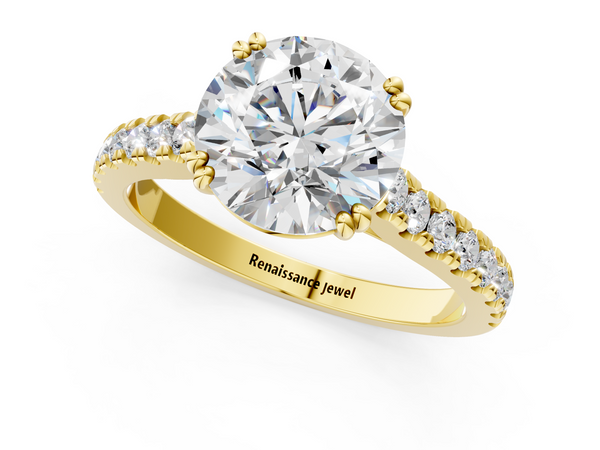 Yellow gold Round Solitaire Pave Diamond Engagement Ring with Prong Setting