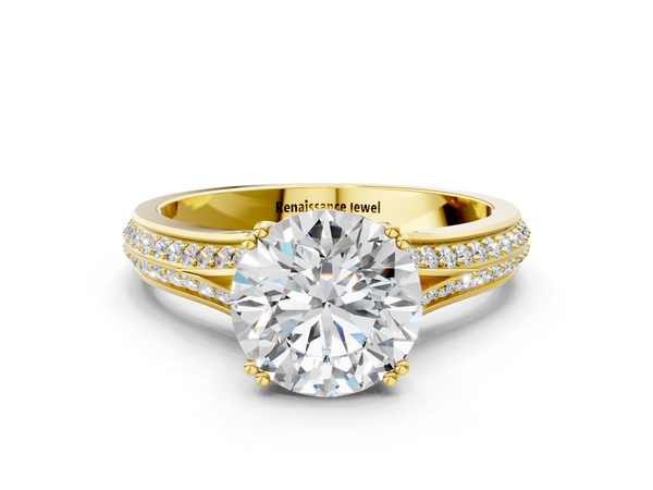 14K Yellow Gold 0.95 Carat E VS1 Round Diamond Split Shank Engagement Ring with Pavé Band