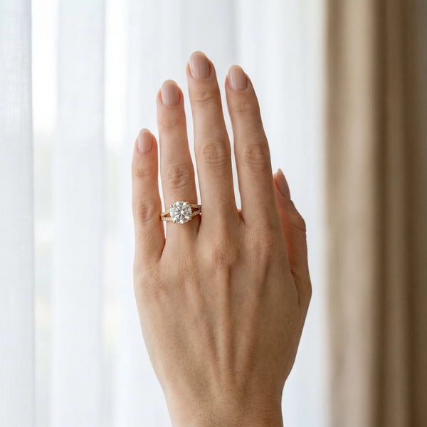 Yellow gold Round Solitaire Pave Split Shank Ring with Four-Prong Setting