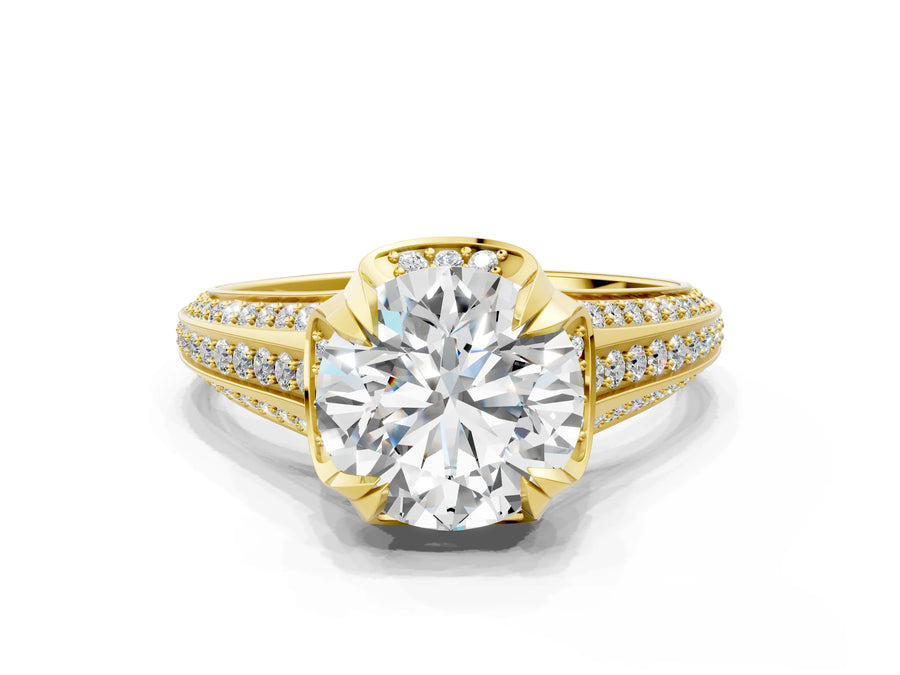Yellow gold Round Solitaire Pave Split Shank Ring with Four-Prong Setting