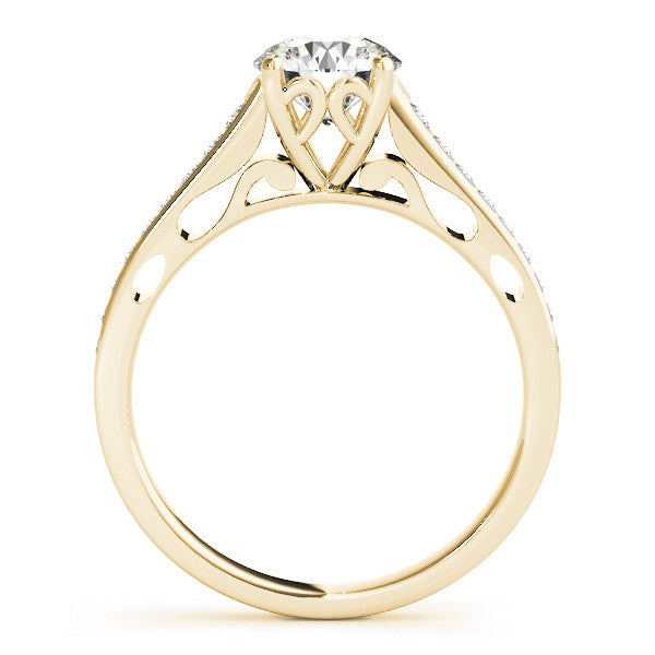 Yellow gold Round Solitaire Prong Set Diamond Engagement Ring with Pave Band 1