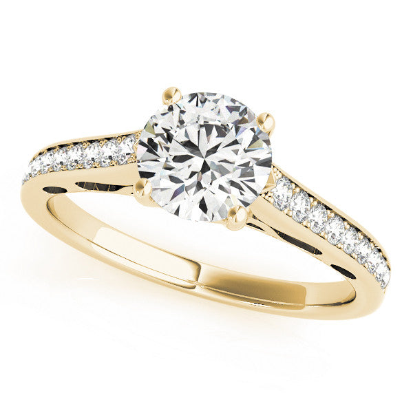 Yellow gold Round Solitaire Prong Set Diamond Engagement Ring with Pave Band 2