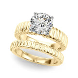Yellow gold Round Solitaire Ribbed Band with Four-Prong Setting 1