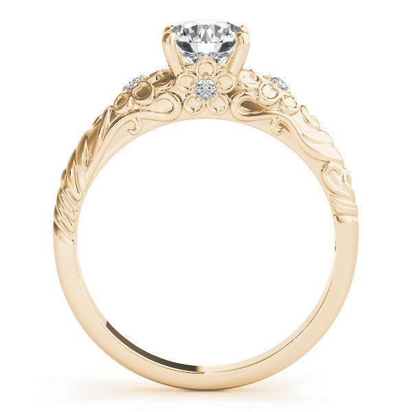 Yellow gold Round Solitaire Scrollwork Engagement Ring with Side Stones and Four-Prong Setting 1
