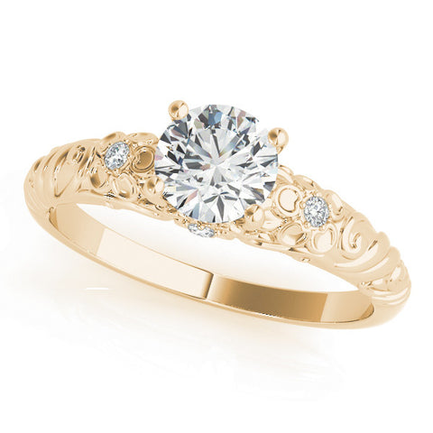 Yellow gold Round Solitaire Scrollwork Engagement Ring with Side Stones and Four-Prong Setting
