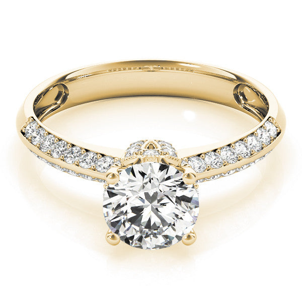 Yellow gold Round Solitaire Split Shank Pave Diamond Engagement Ring with Four-Prong Setting 1